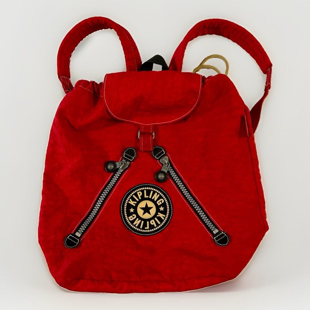 KIPLING Vintage 1990's Red Drawstring Backpack Bag 16x16 Adjustable Straps